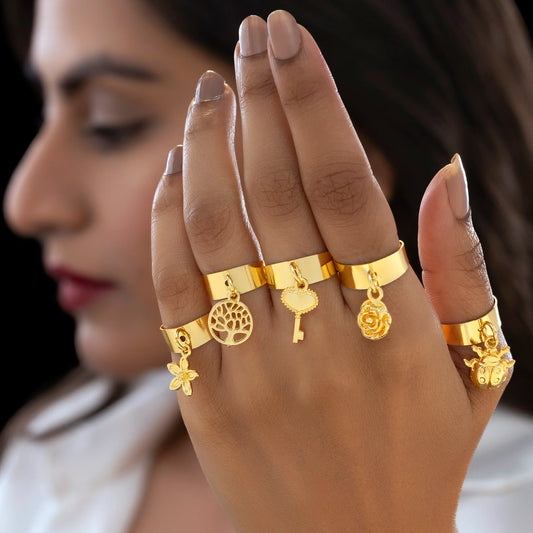 Super Saver Pack Of 5 Anti-Tarnish Premium Quality Gold Plated Charms Rings By AUROZI (Adjustable Size)