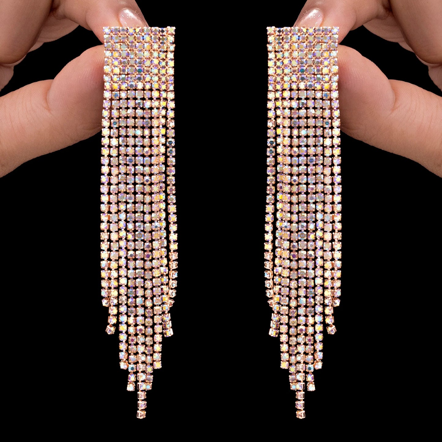 AUROZI Anti-Tarnish Dangle Earrings with Rainbow Rhinestone Tassels