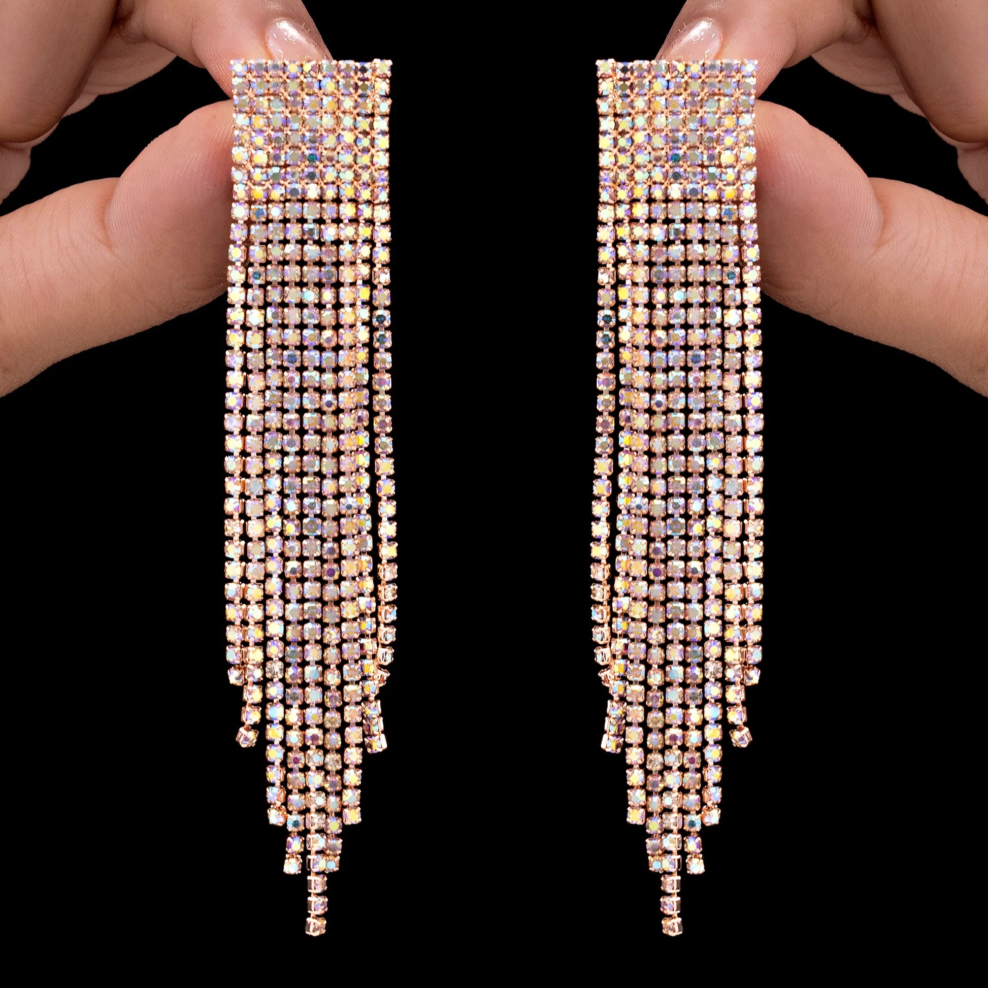 AUROZI Anti-Tarnish Dangle Earrings with Rainbow Rhinestone Tassels