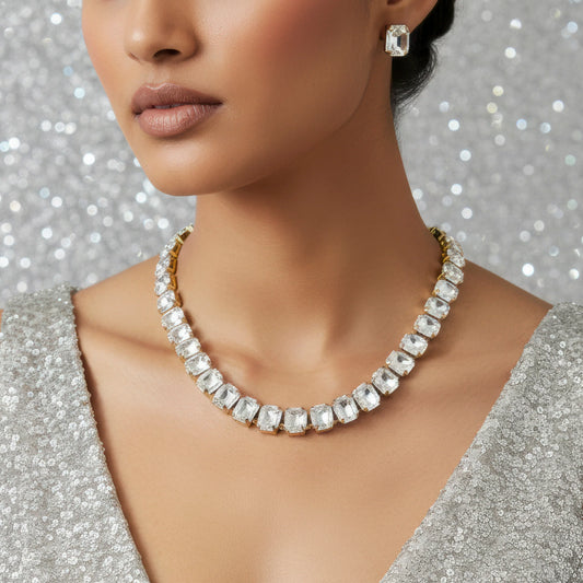 AUROZI Anti-Tarnish Single-Line Crystal Necklace Set with Earrings