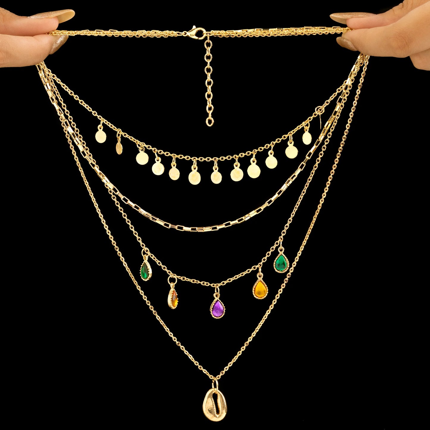 AUROZI ANTI-TARNISH MULTILAYERED CRYSTAL CHARMS GOLD PLATED NECKLACE