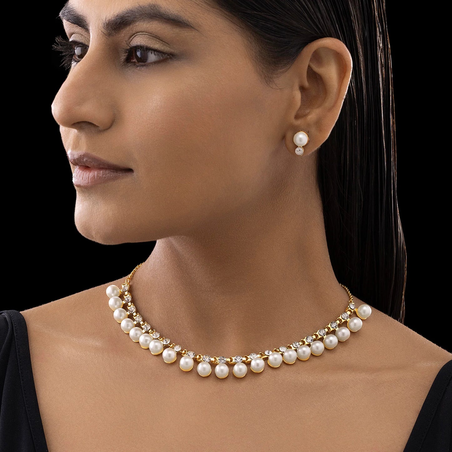 AUROZI Anti-Tarnish Pearl & Crystal Studded Statement Necklace Set With Earrings
