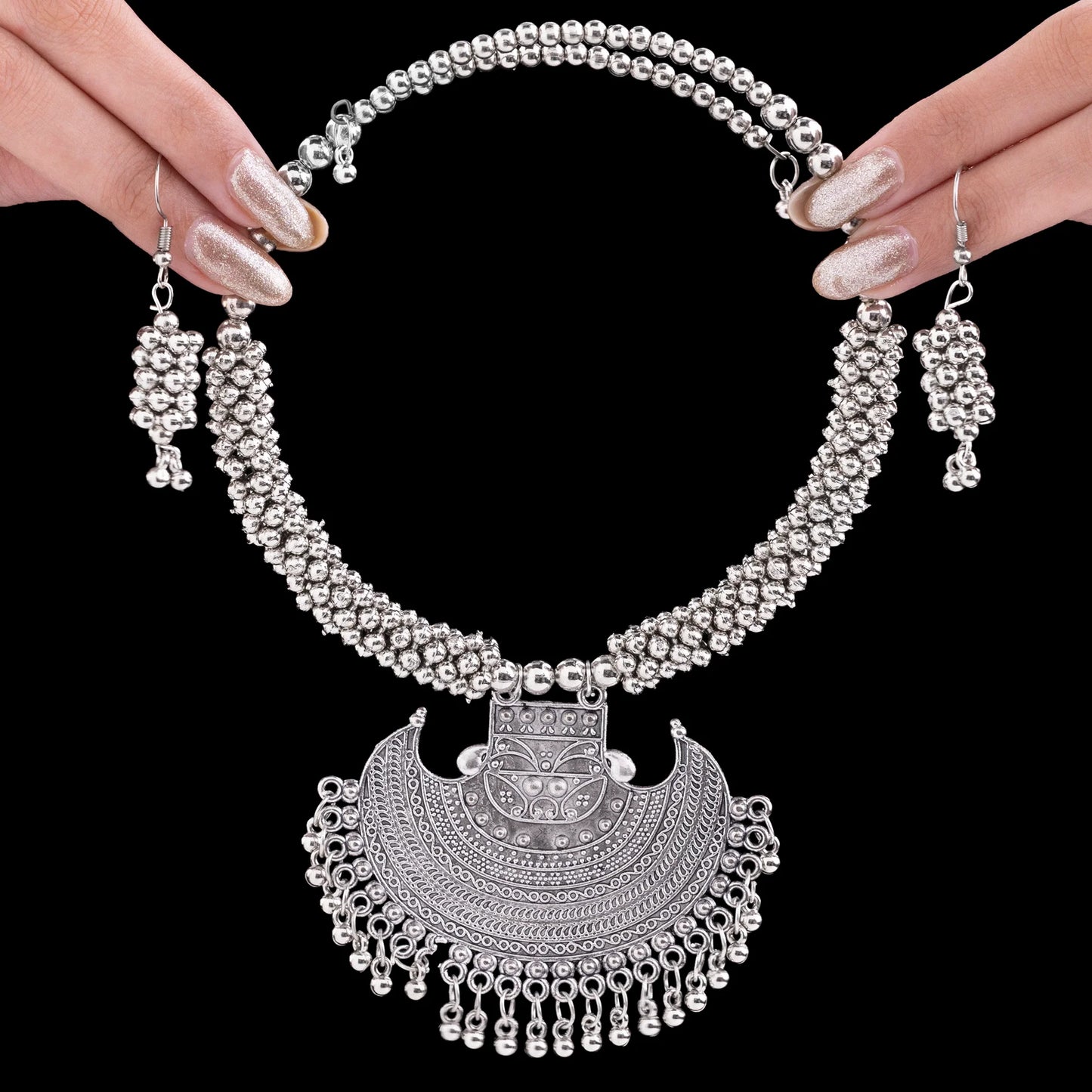 AUROZI Traditional Oxidised Silver Jewelry Set (Necklace & Earrings)