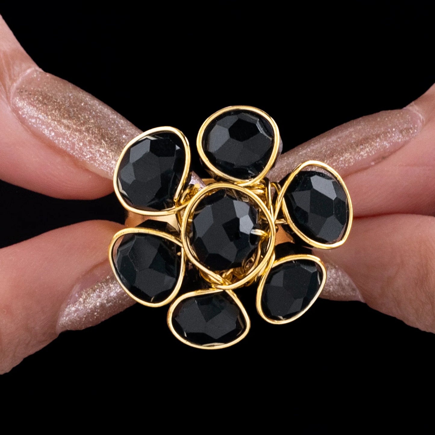 AUROZI Alluring Black Crystal Cocktail Ring – Adjustable Glam Statement