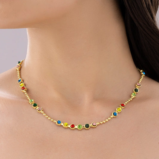 AUROZI Anti-Tarnish Multi-Crystals &amp; Ball Chain Single-Line Necklace