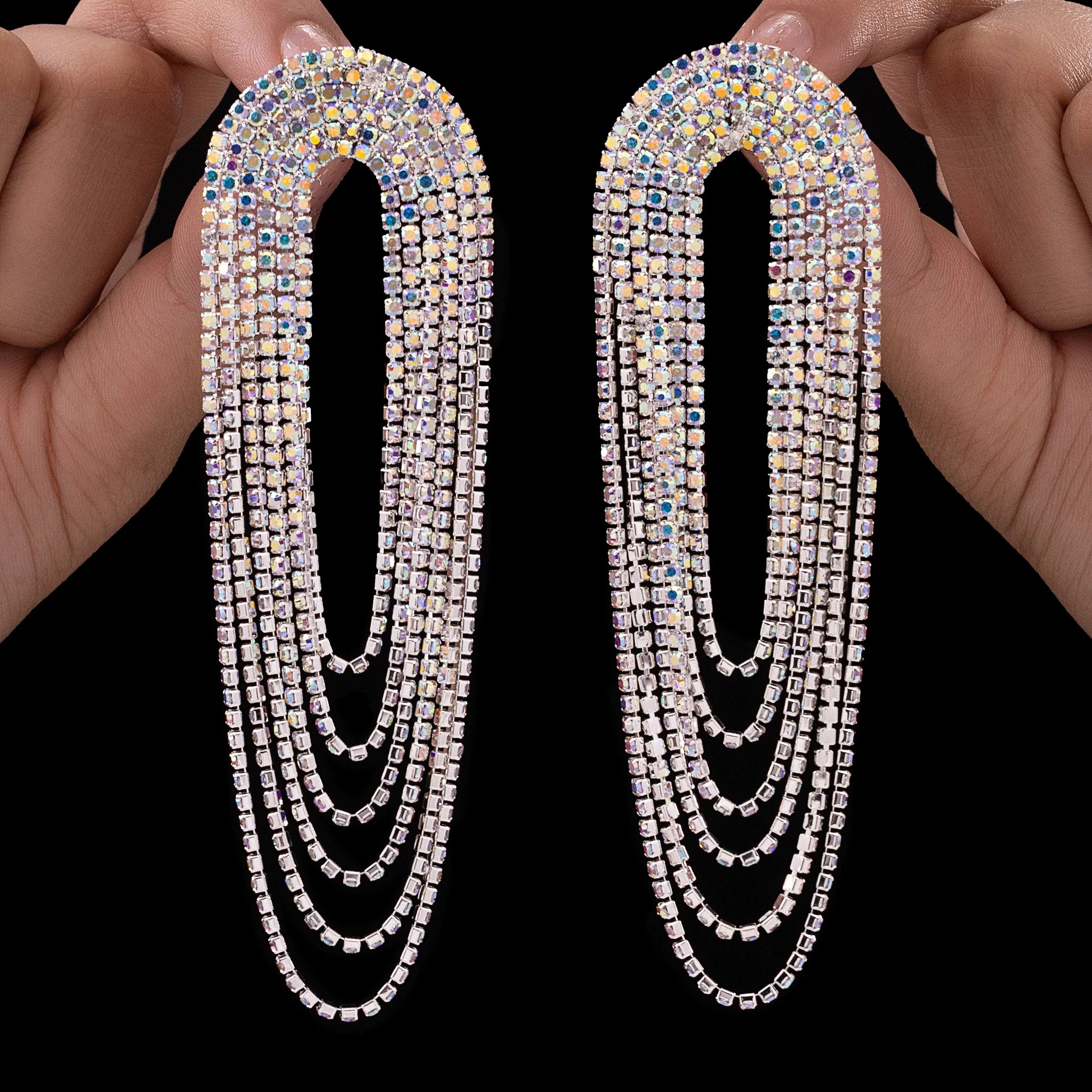 AUROZI Anti-Tarnish Silver U-Shaped Rhinestone Dangle Earrings