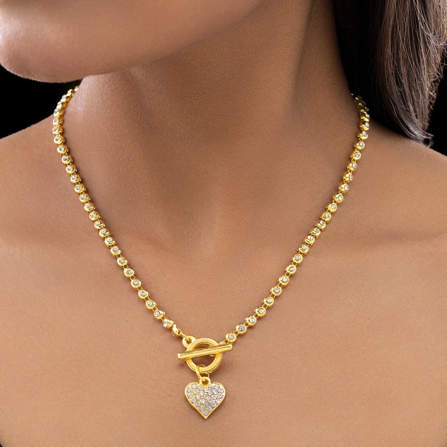 AUROZI Anti-Tarnish AD-Studded Heart Charm Necklace With T-Lock