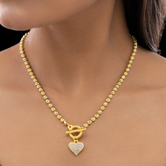 AUROZI Anti-Tarnish AD-Studded Heart Charm Necklace With T-Lock