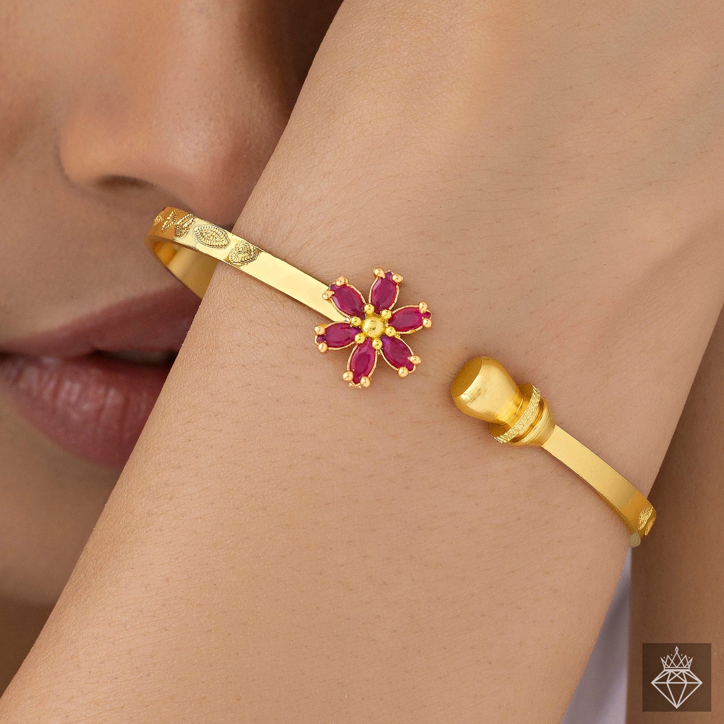 AUROZI Anti-Tarnish Ruby Flower Bangle Bracelet (Adjustable Size)