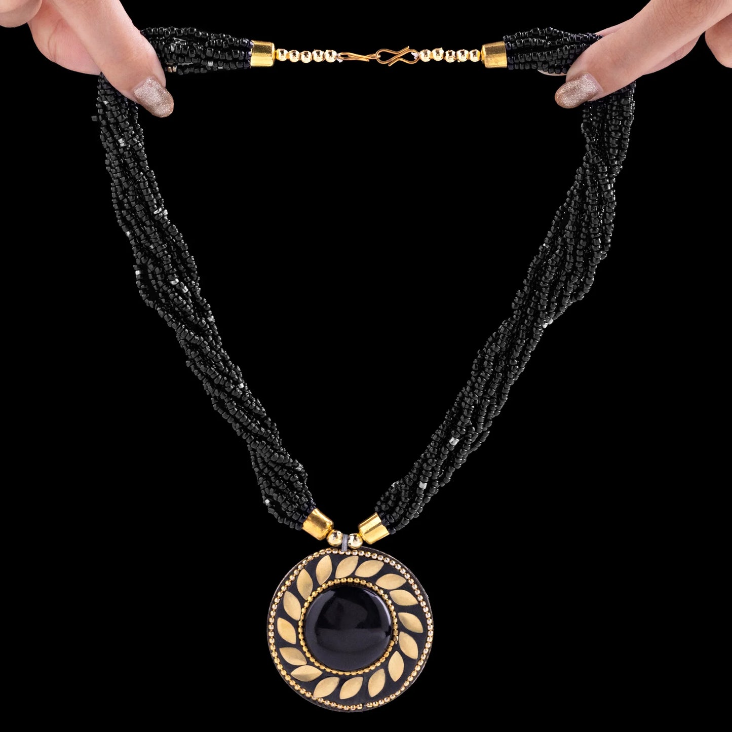 AUROZI Antique Charm Pendant Necklace In Black Beads