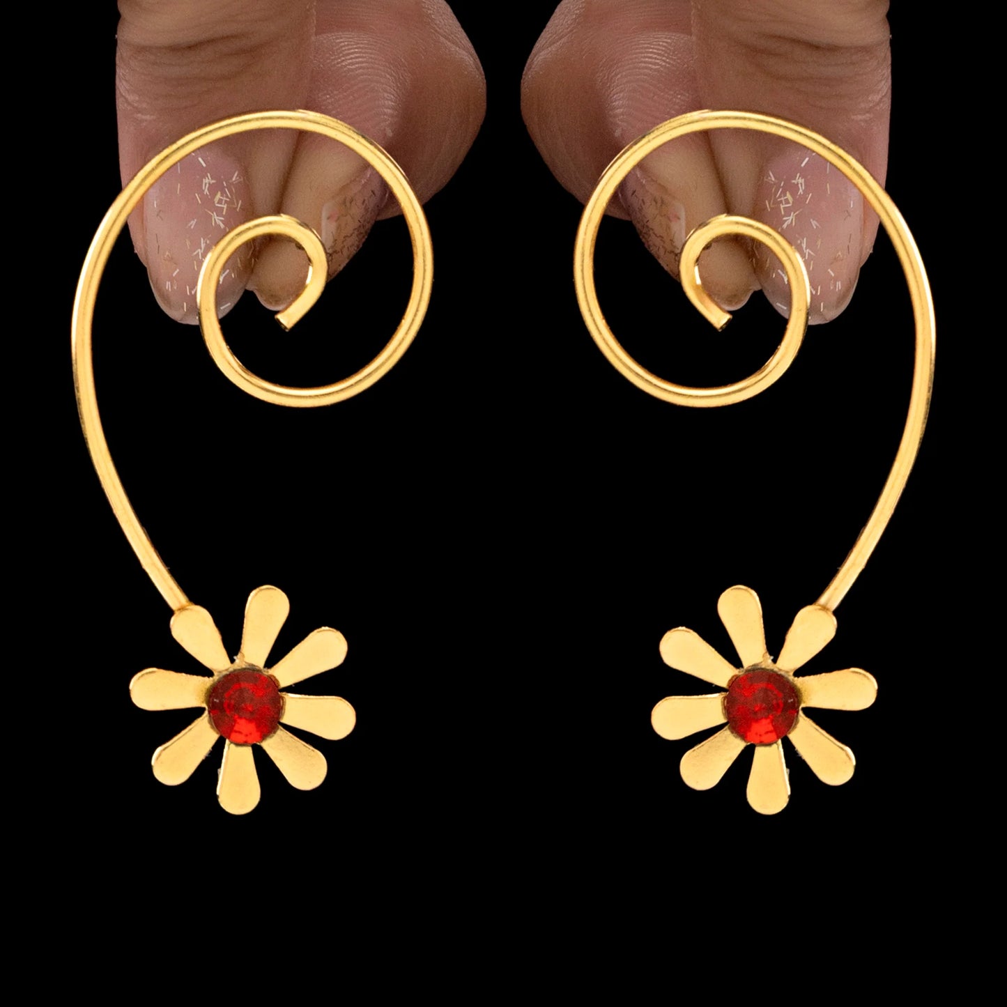 AUROZI Anti-Tarnish Spiral-Wired Dangle Earrings with Floral Accent