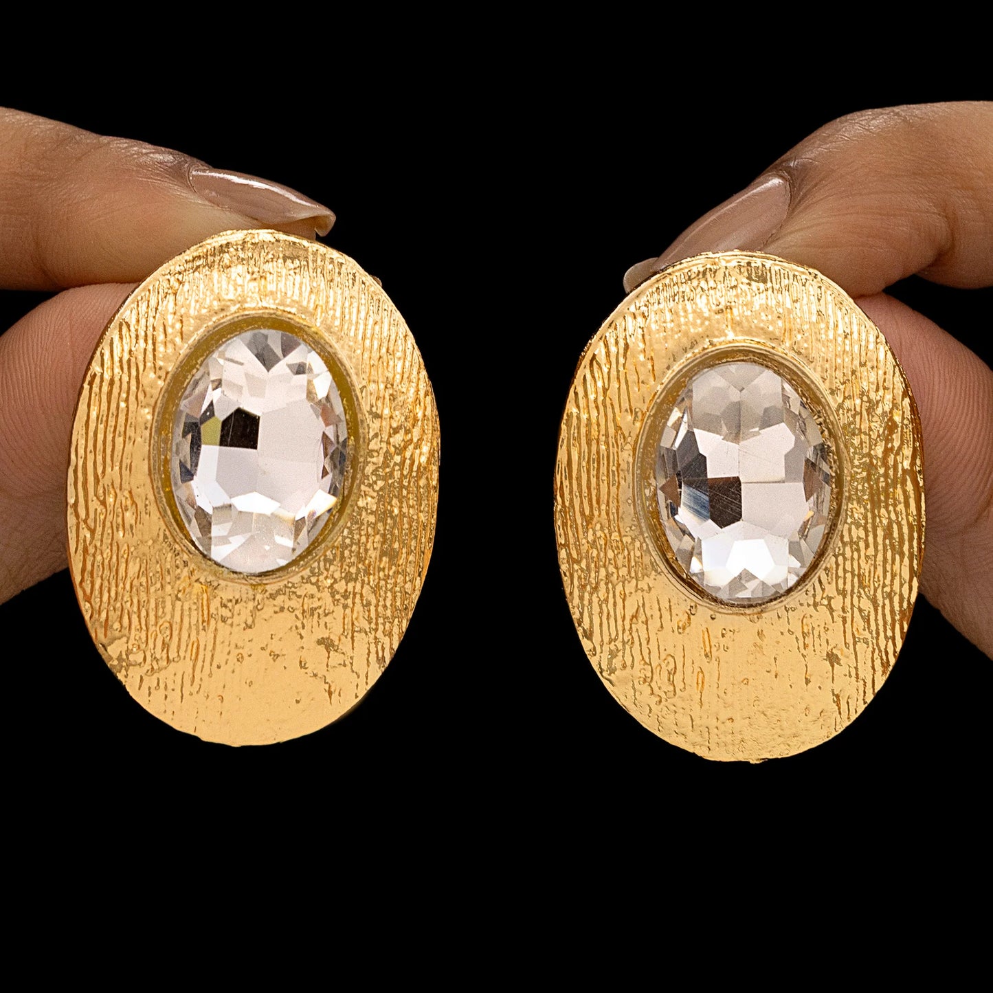 AUROZI Anti-Tarnish Textured Oval Statement Earrings with Crystal