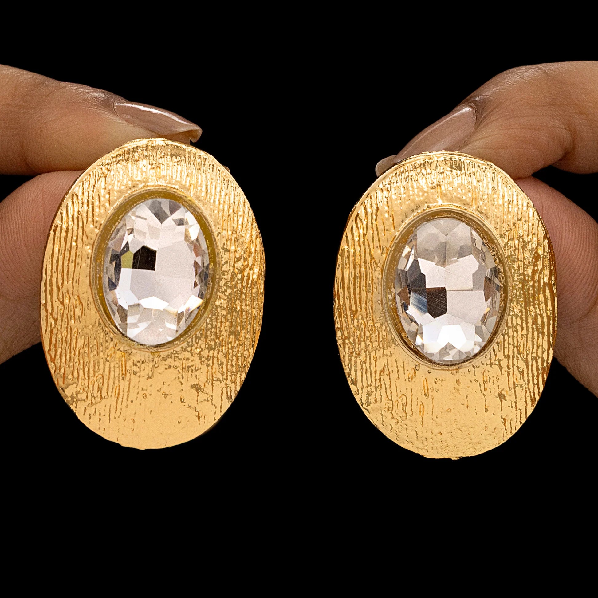 AUROZI Anti-Tarnish Textured Oval Statement Earrings with Crystal