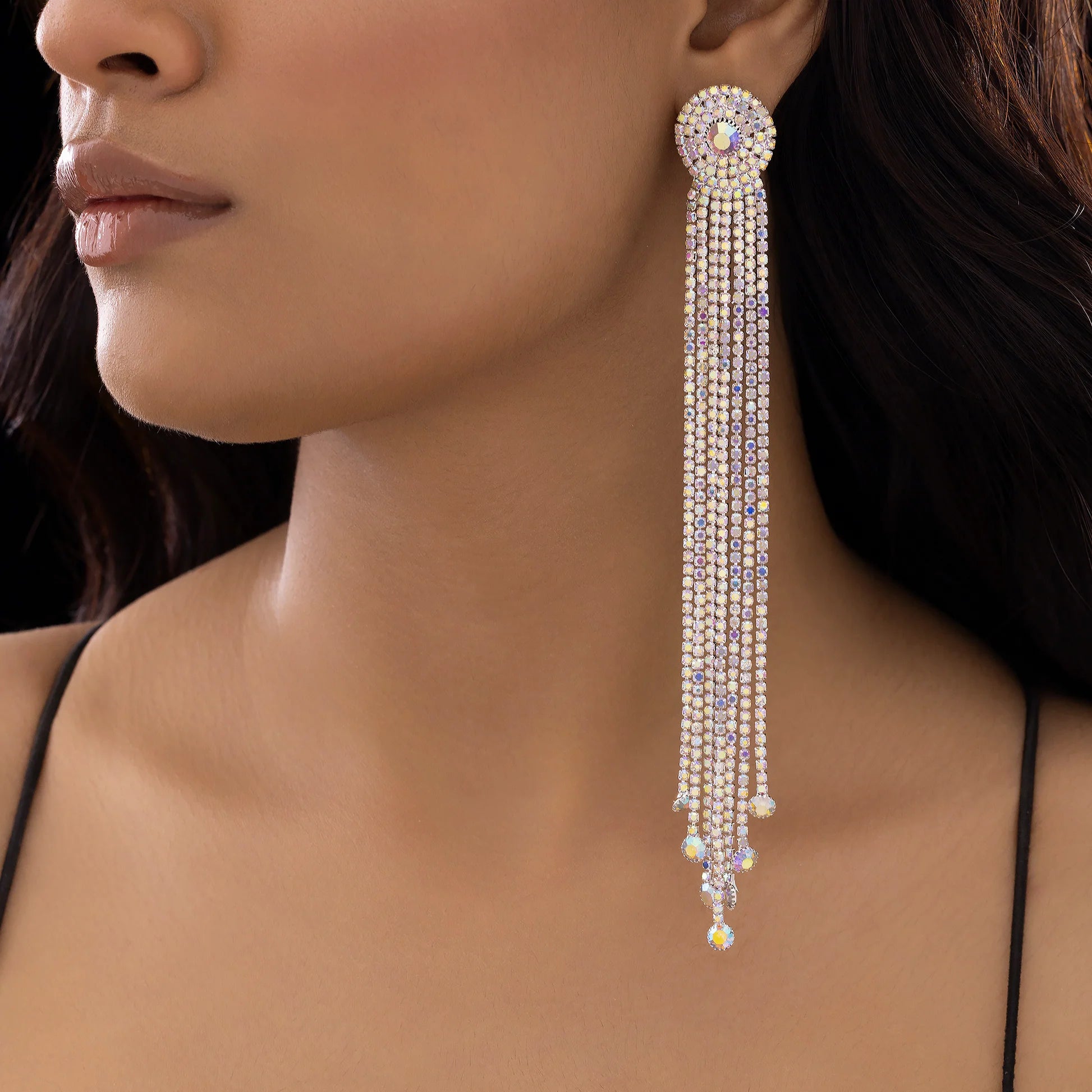 AUROZI Anti-Tarnish Rhinestone Tassel Dangle Earrings with Rainbow Crystals