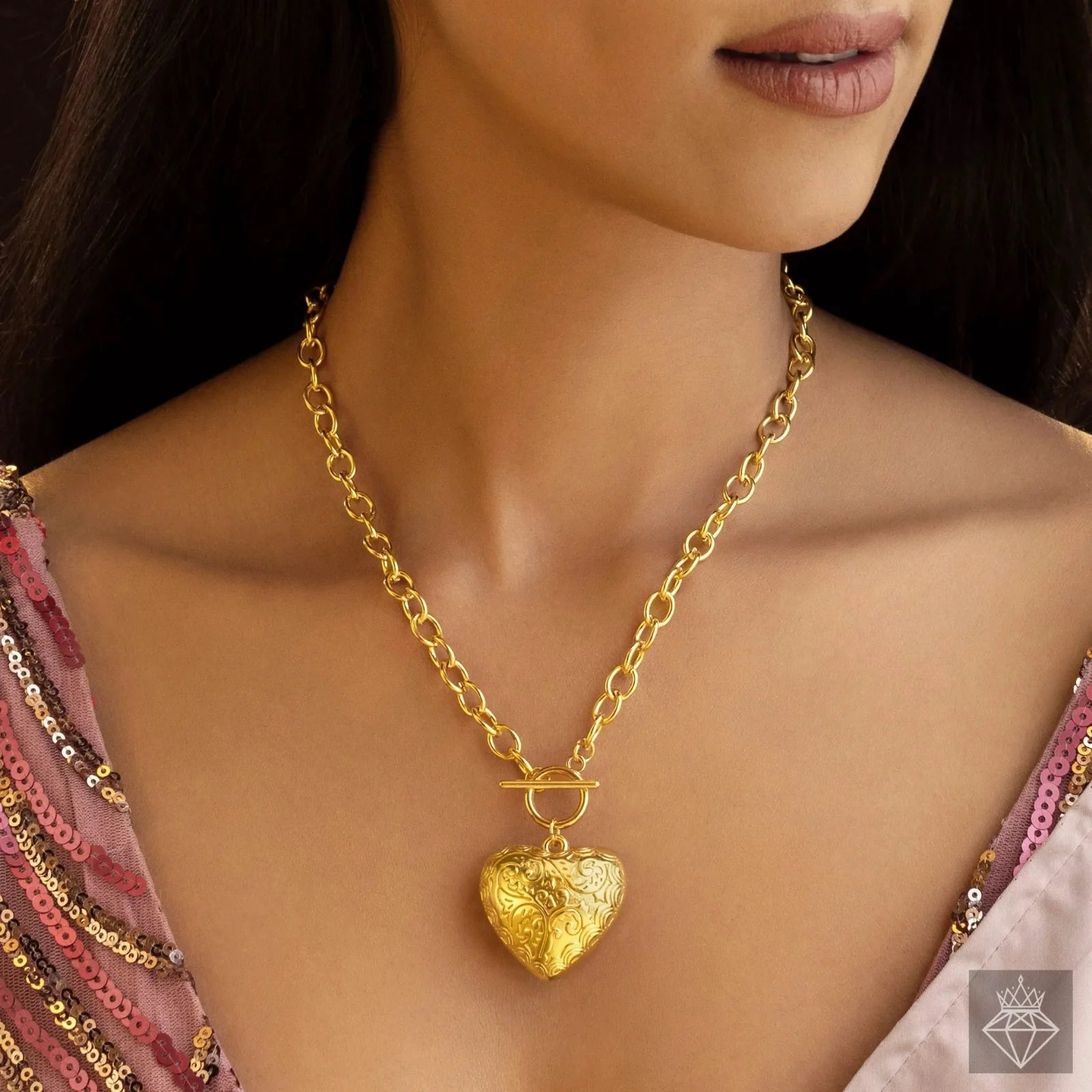 AUROZI Anti-Tarnish T-Lock Puffy Heart Pendant Necklace