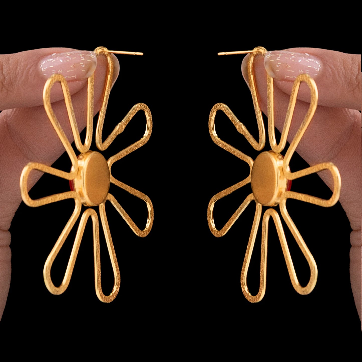 AUROZI Anti-Tarnish Flower Statement Earrings with Red Cabochon