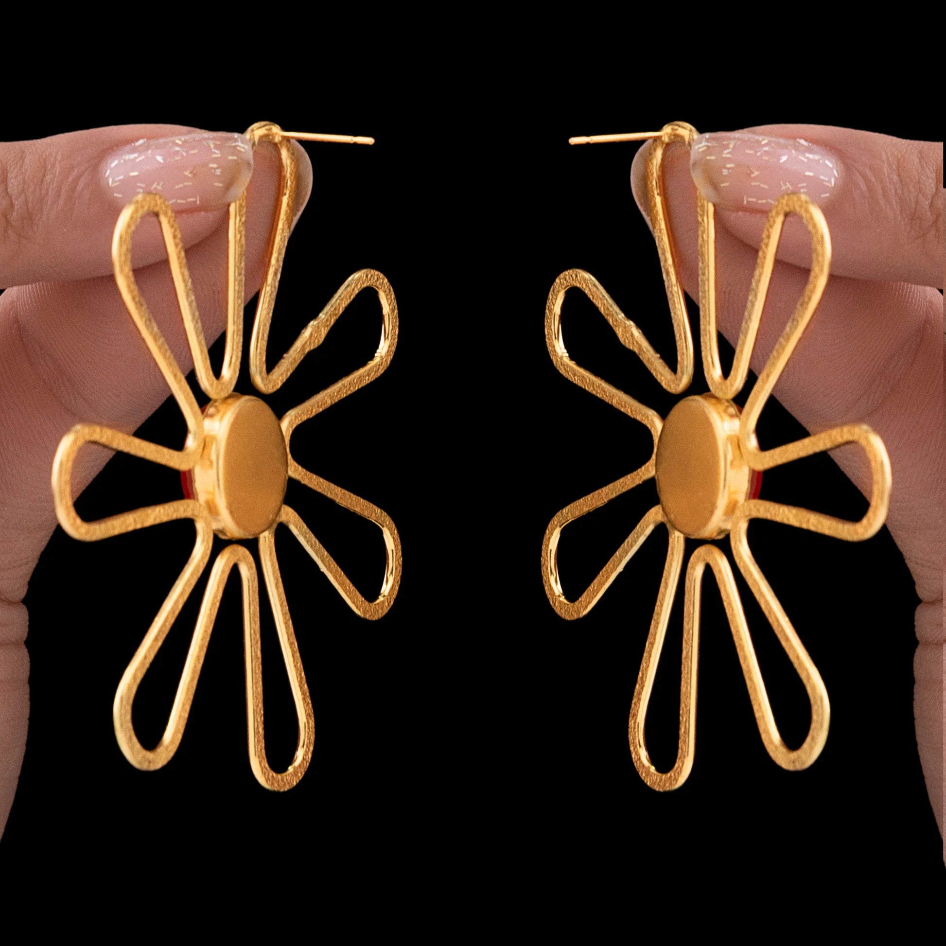 AUROZI Anti-Tarnish Flower Statement Earrings with Red Cabochon