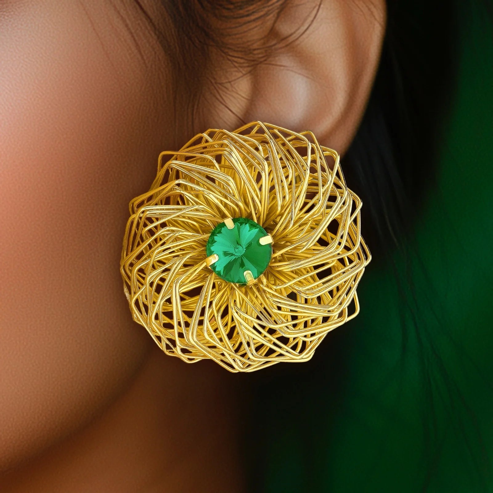 AUROZI Anti-Tarnish Golden Nest Emerald Earrings