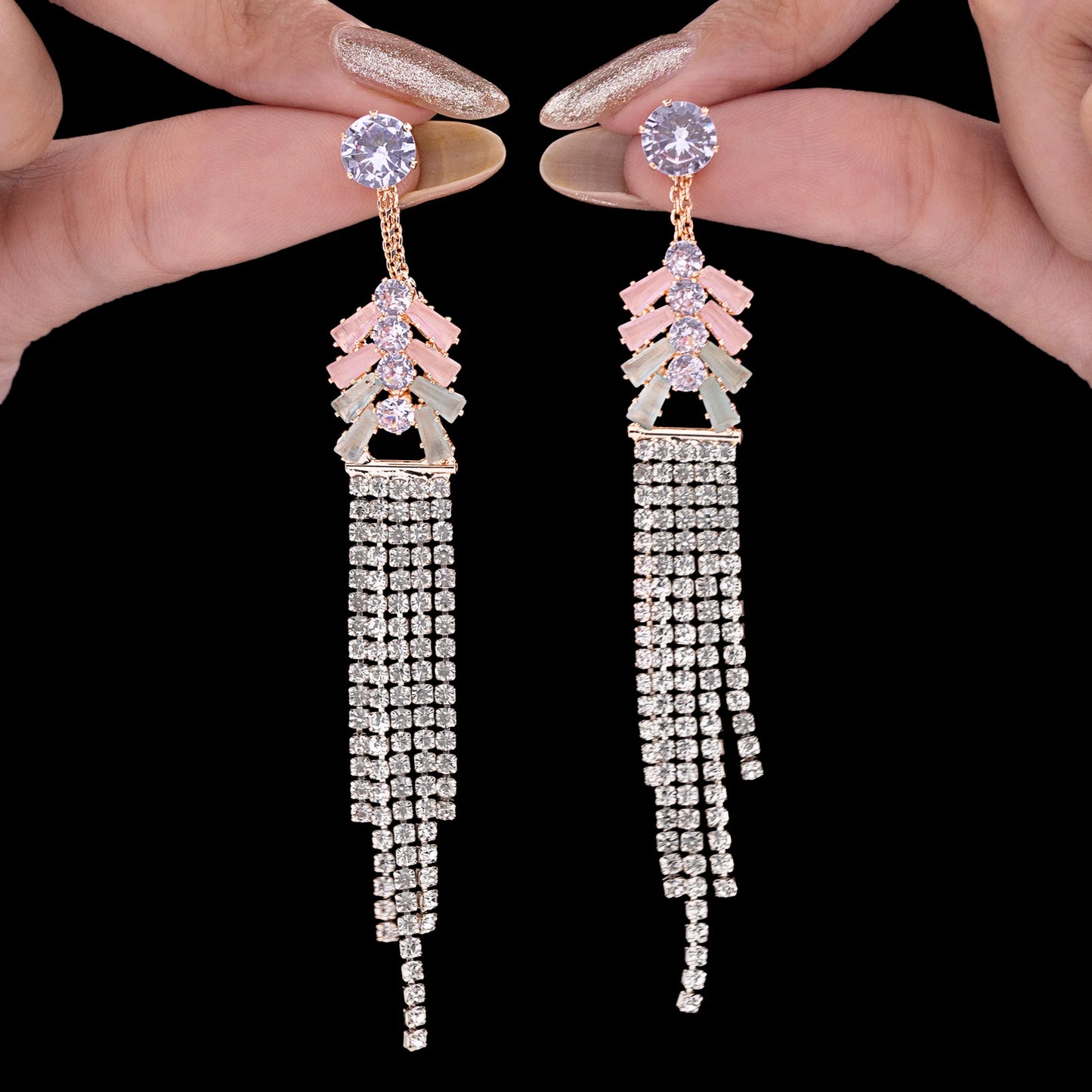 AUROZI Anti-Tarnish Crystal Dangler Earrings – Elegant Cascading Rhinestones