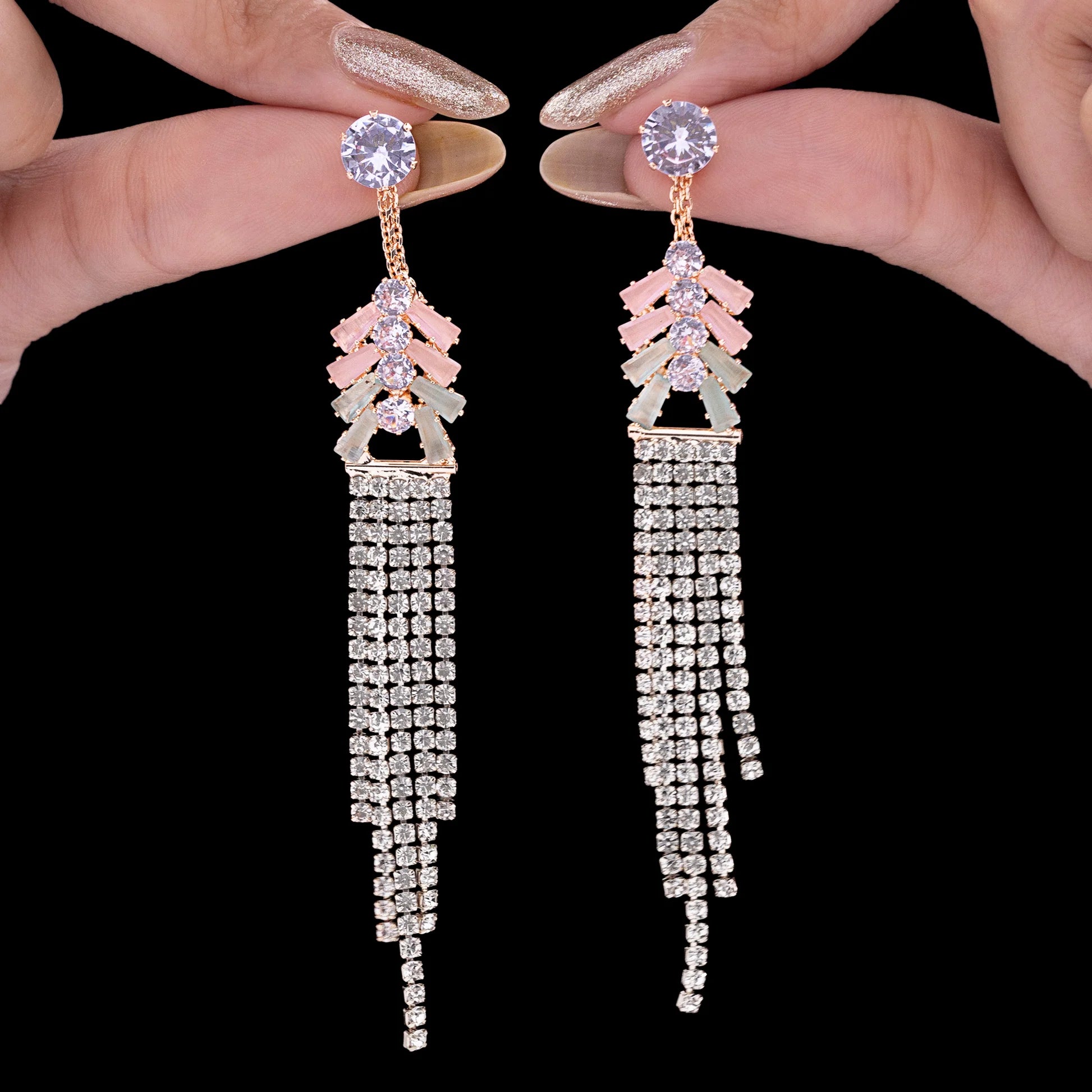 AUROZI Anti-Tarnish Crystal Dangler Earrings – Elegant Cascading Rhinestones