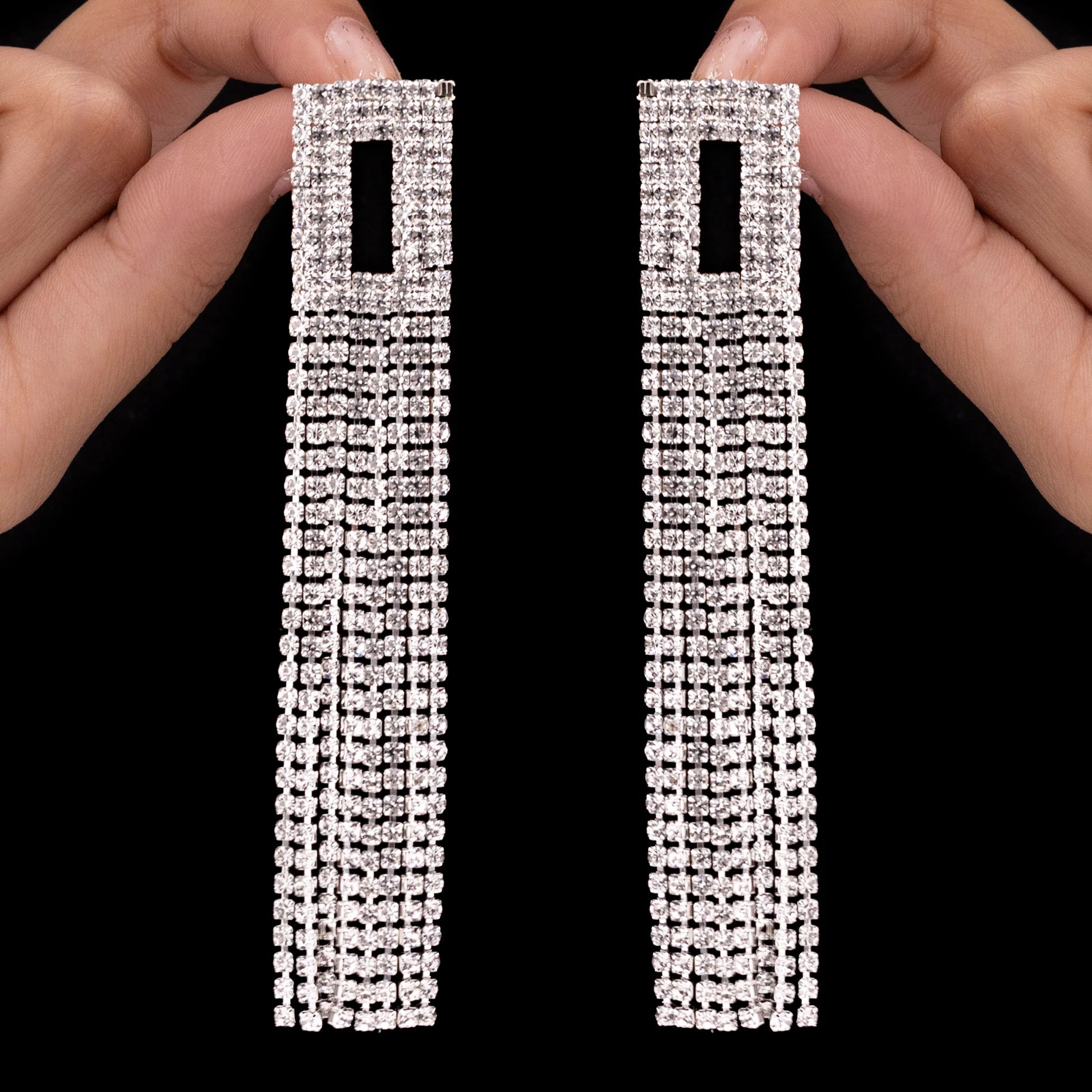 AUROZI Anti-Tarnish Hollow Square Rhinestone Tops with Tassels