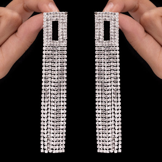 AUROZI Anti-Tarnish Hollow Square Rhinestone Tops with Tassels