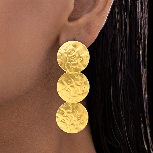 AUROZI Anti-Tarnish Golden Triple Coin Dangler Earrings – Timeless Textured Elegance