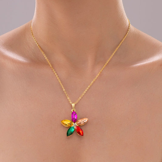 AUROZI Anti-Tarnish Multicolor Crystal Flower Pendant Necklace