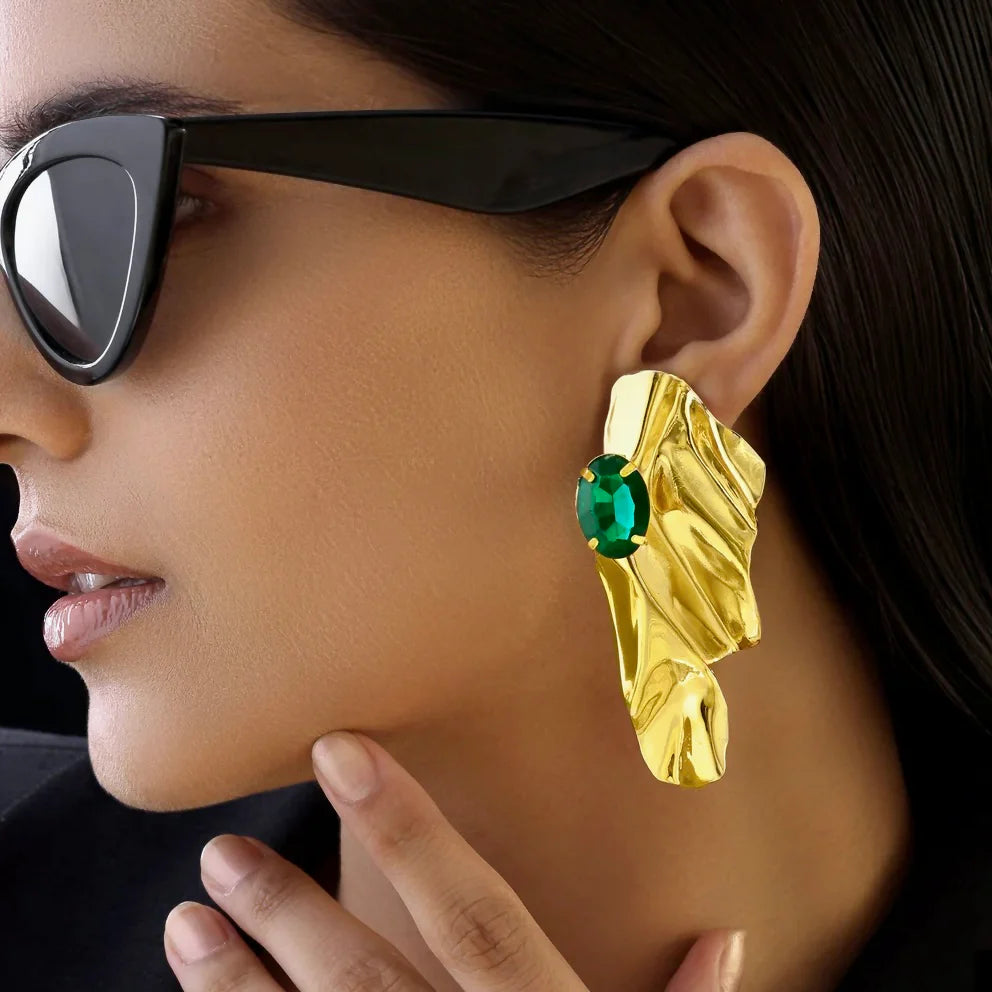 AUROZI Anti-Tarnish Golden Statement Emerald Earrings Set