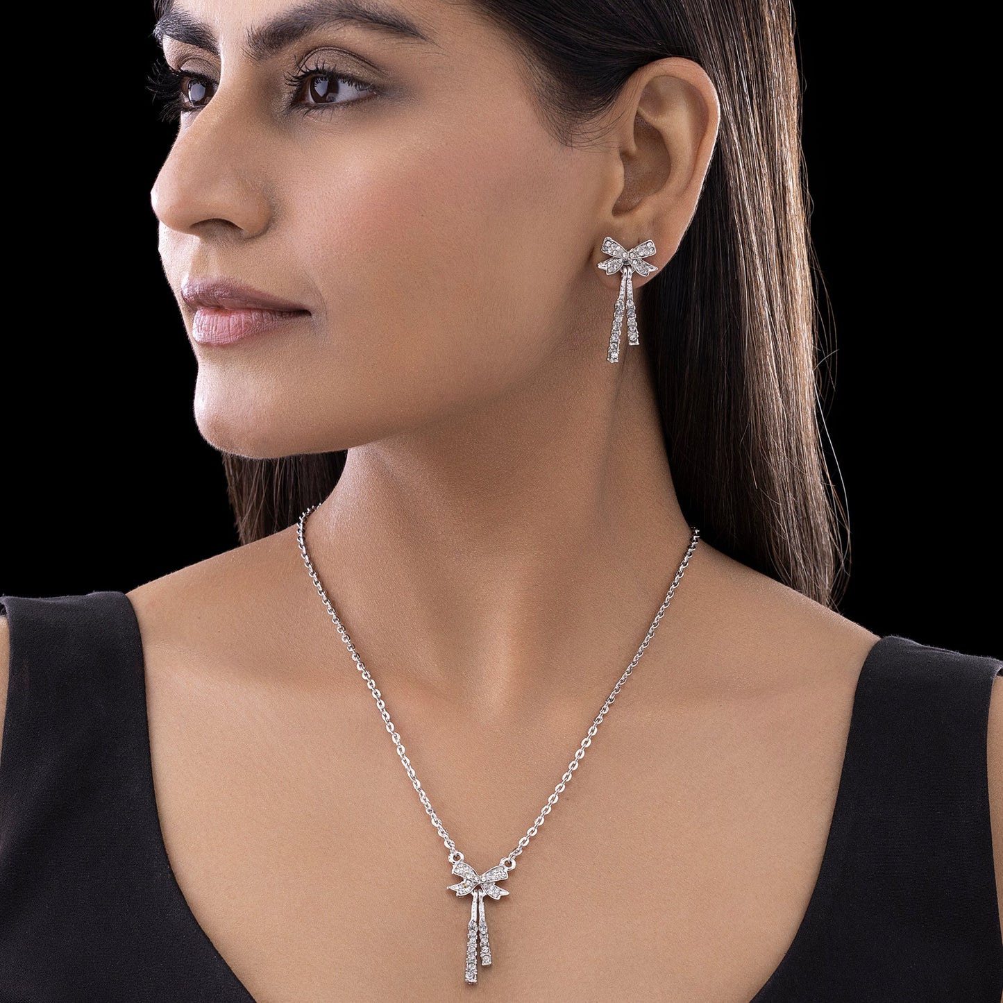 AUROZI Anti-Tarnish Silver AD-Studded Bow Necklace Set with Earrings