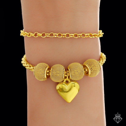 AUROZI Anti-Tarnish Golden Heart Charms Bracelet (Adjustable Size)