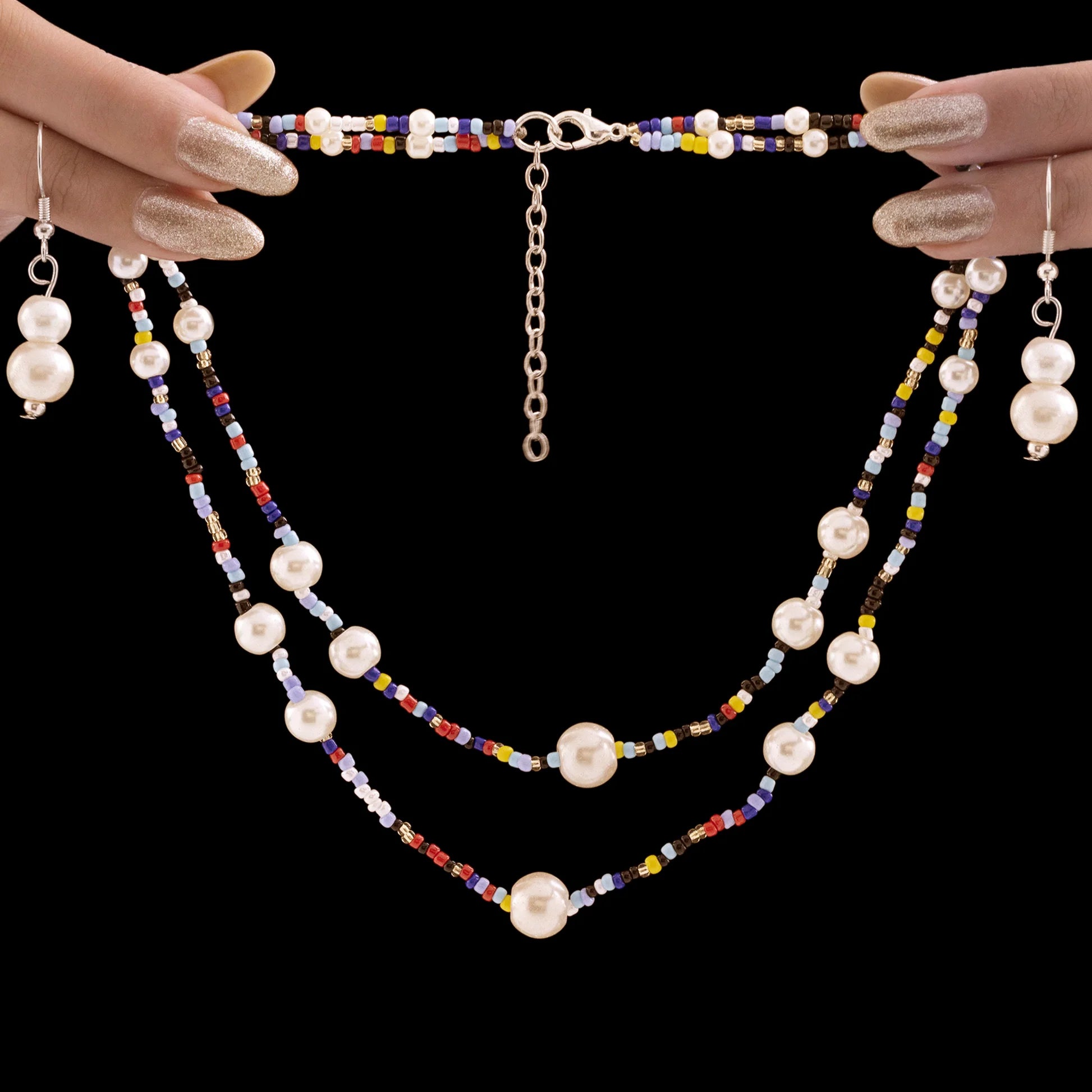 AUROZI Exquisite Double Layer Bead & Pearl Necklace Set With Earrings