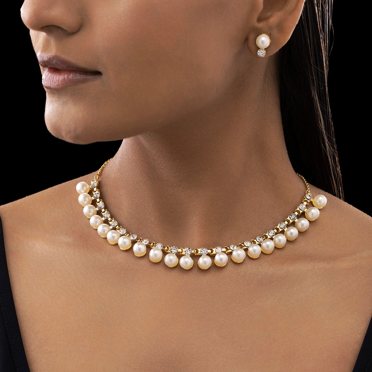 AUROZI Anti-Tarnish Pearl & Crystal Studded Statement Necklace Set With Earrings