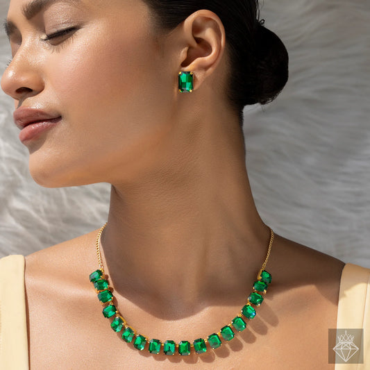 AUROZI Anti-Tarnish Single-Line Emerald Necklace Set With Earrings