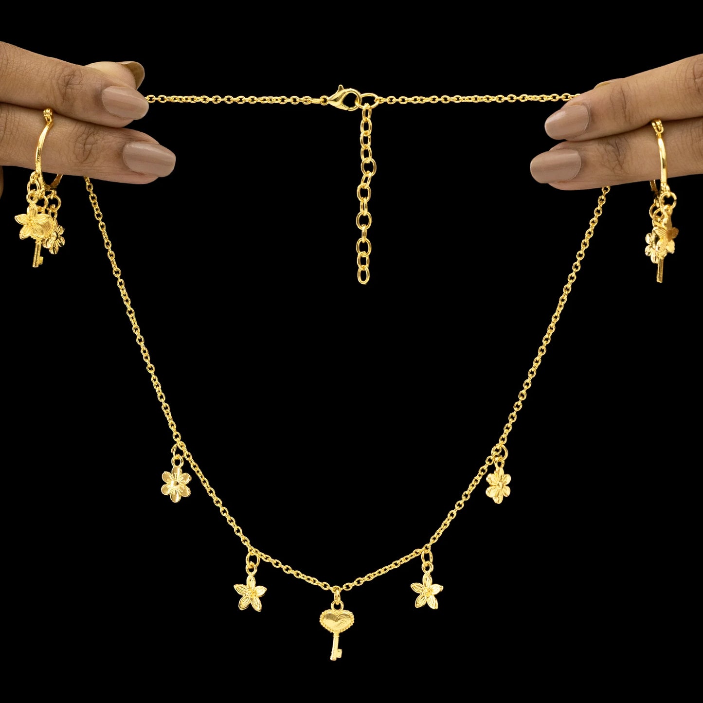 AUROZI Anti-Tarnish Multi-Charm Chain Necklace with Earrings