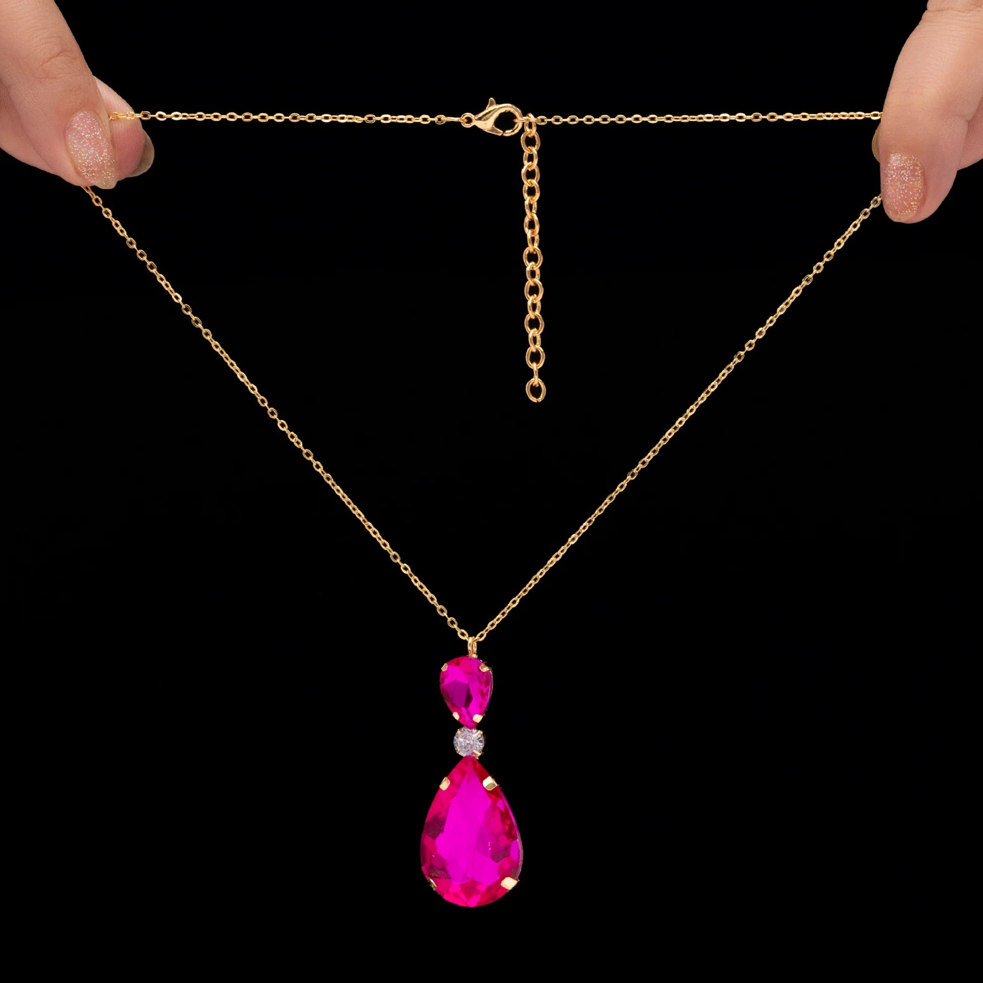 AUROZI Anti-Tarnish Fuchsia Pink Drop Crystal Pendant Necklace