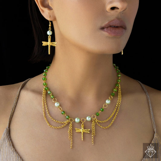 AUROZI Anti-Tarnish Dragonfly Necklace Set With Earrings