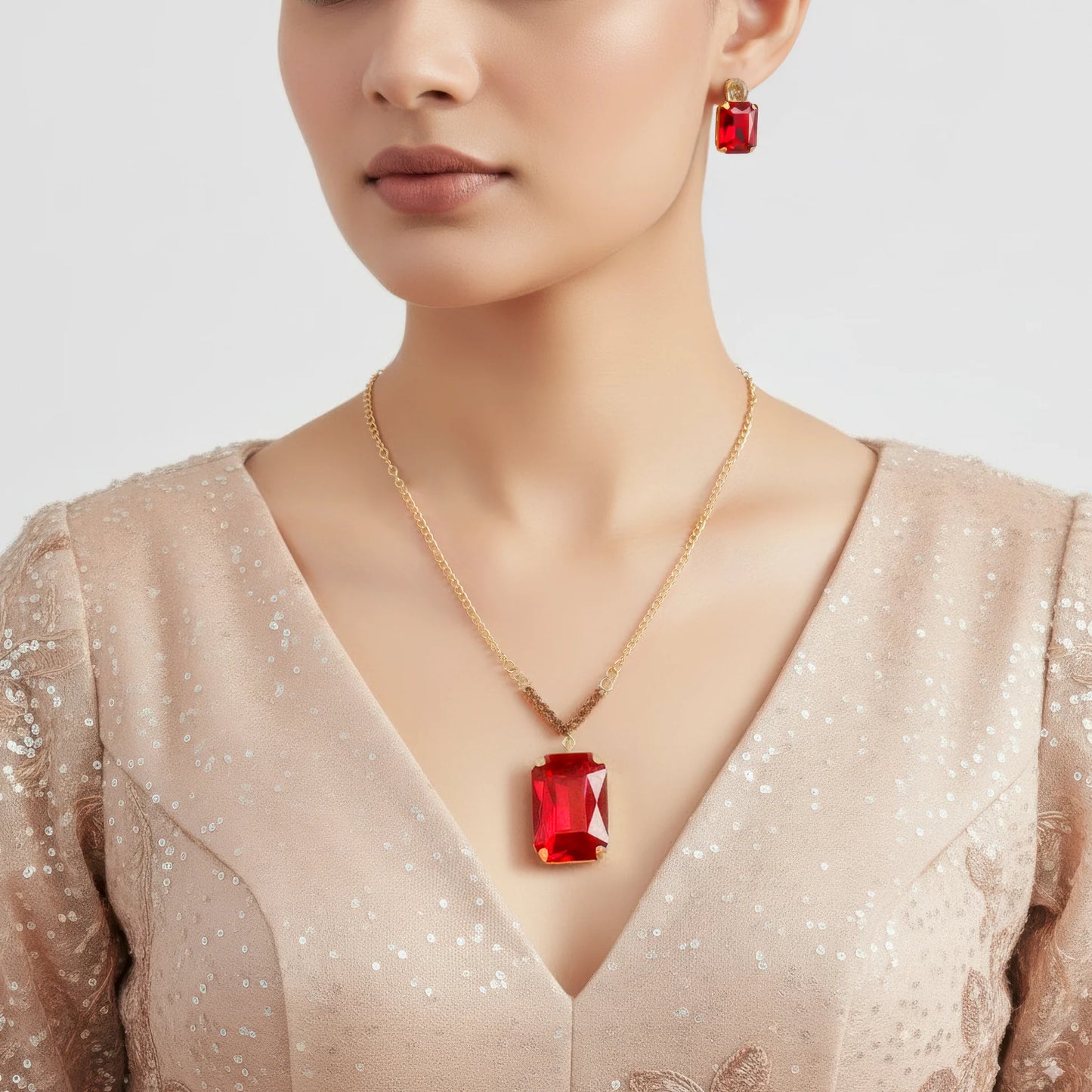 AUROZI Anti-Tarnish V-Shape Pendant Necklace Set With Earrings