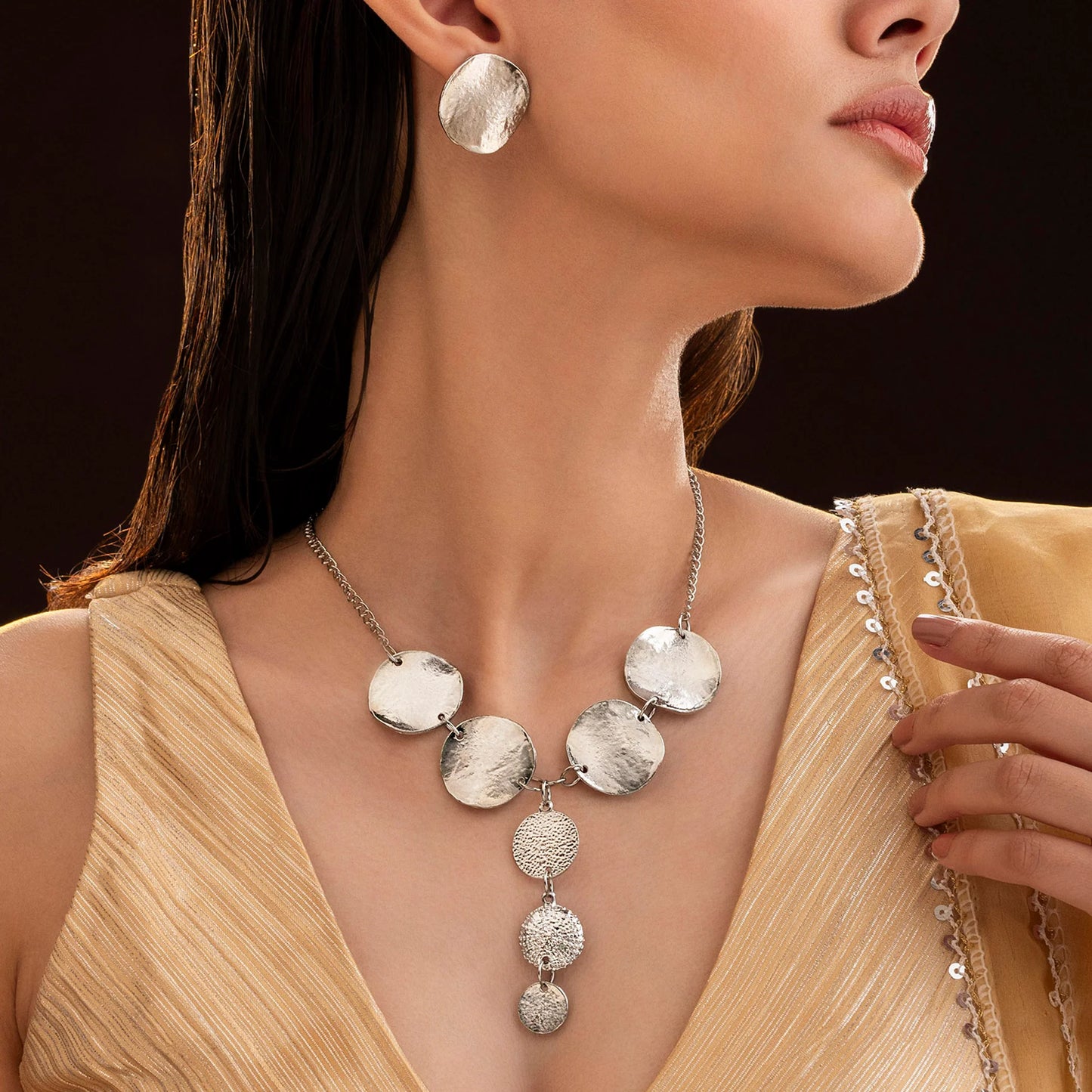 AUROZI Anti-Tarnish Silver Coin Y Necklace Set With Earrings