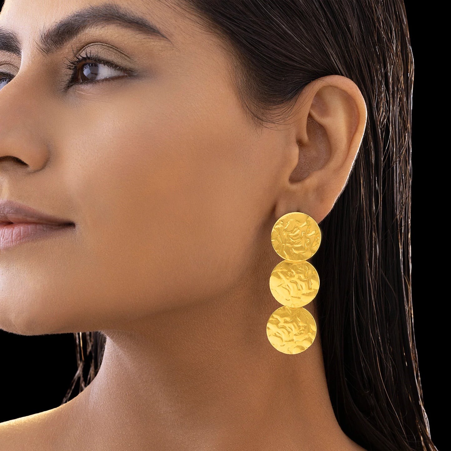 AUROZI Anti-Tarnish Golden Triple Coin Dangler Earrings – Timeless Textured Elegance