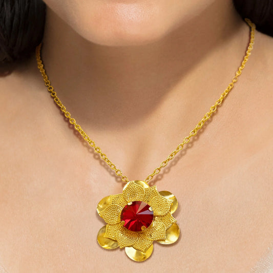 AUROZI Anti-Tarnish Ruby Flower Necklace