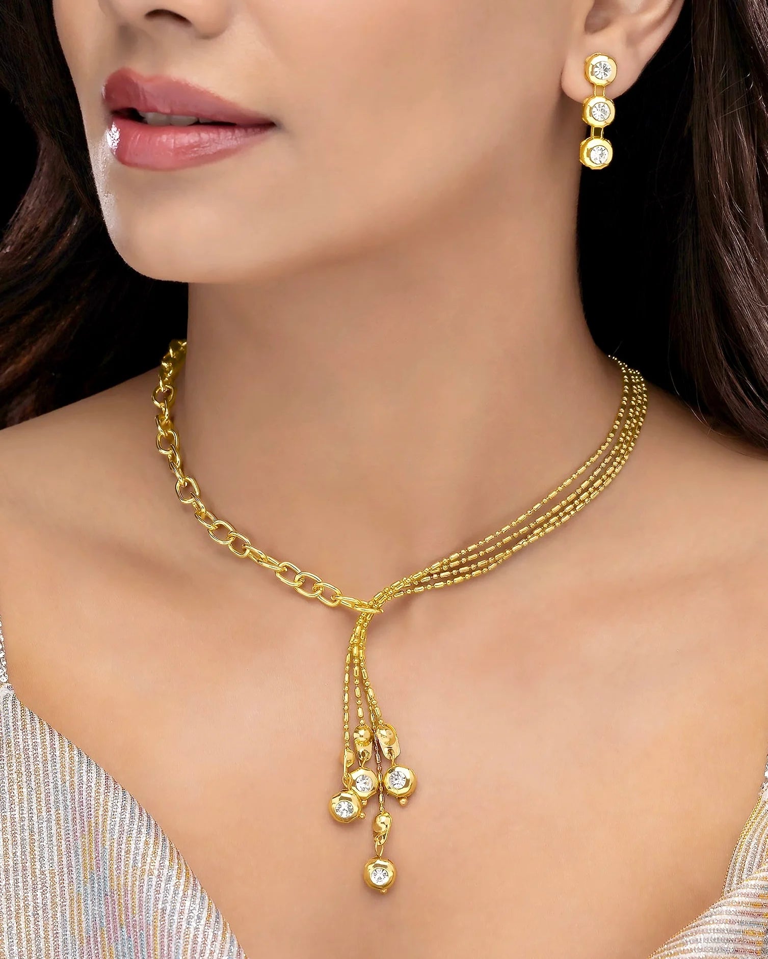 AUROZI Anti-Tarnish Gold Plated Crystal Necklace Set With Earrings