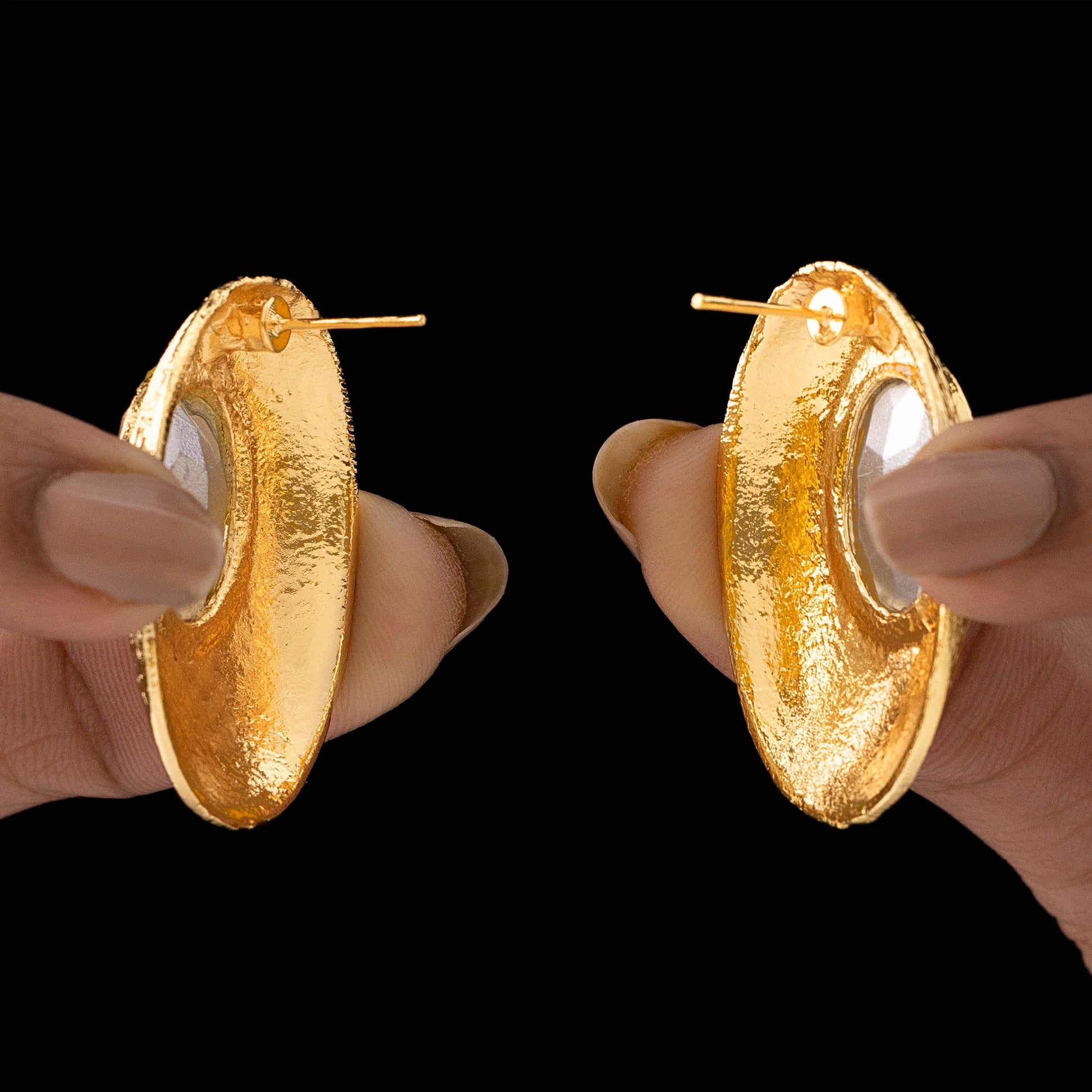 AUROZI Anti-Tarnish Textured Oval Statement Earrings with Crystal