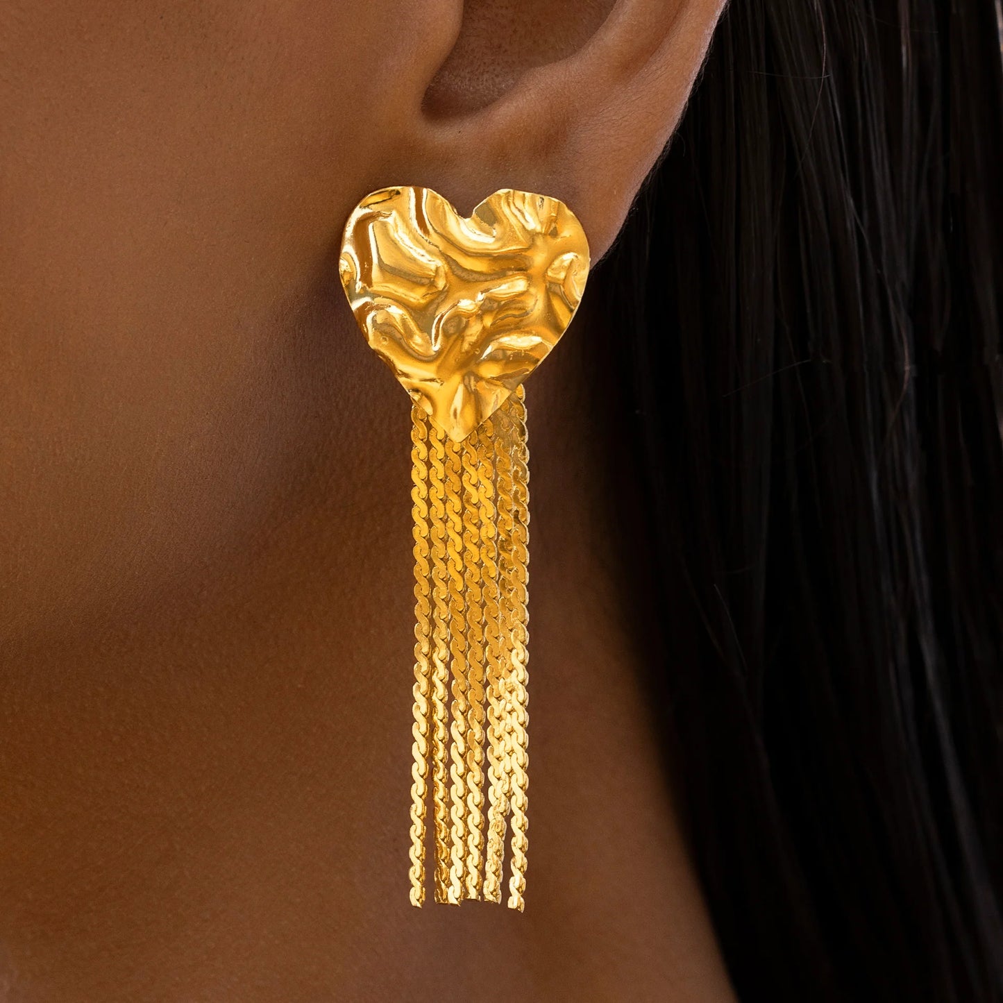 AUROZI Anti-Tarnish Textured Heart Earrings With Chain Tassels