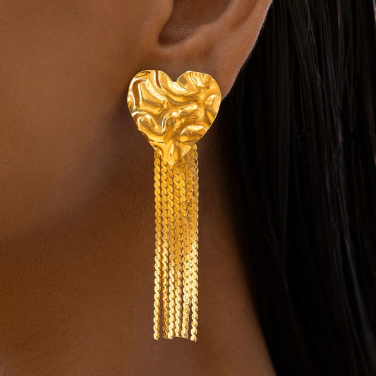 AUROZI Anti-Tarnish Textured Heart Earrings With Chain Tassels
