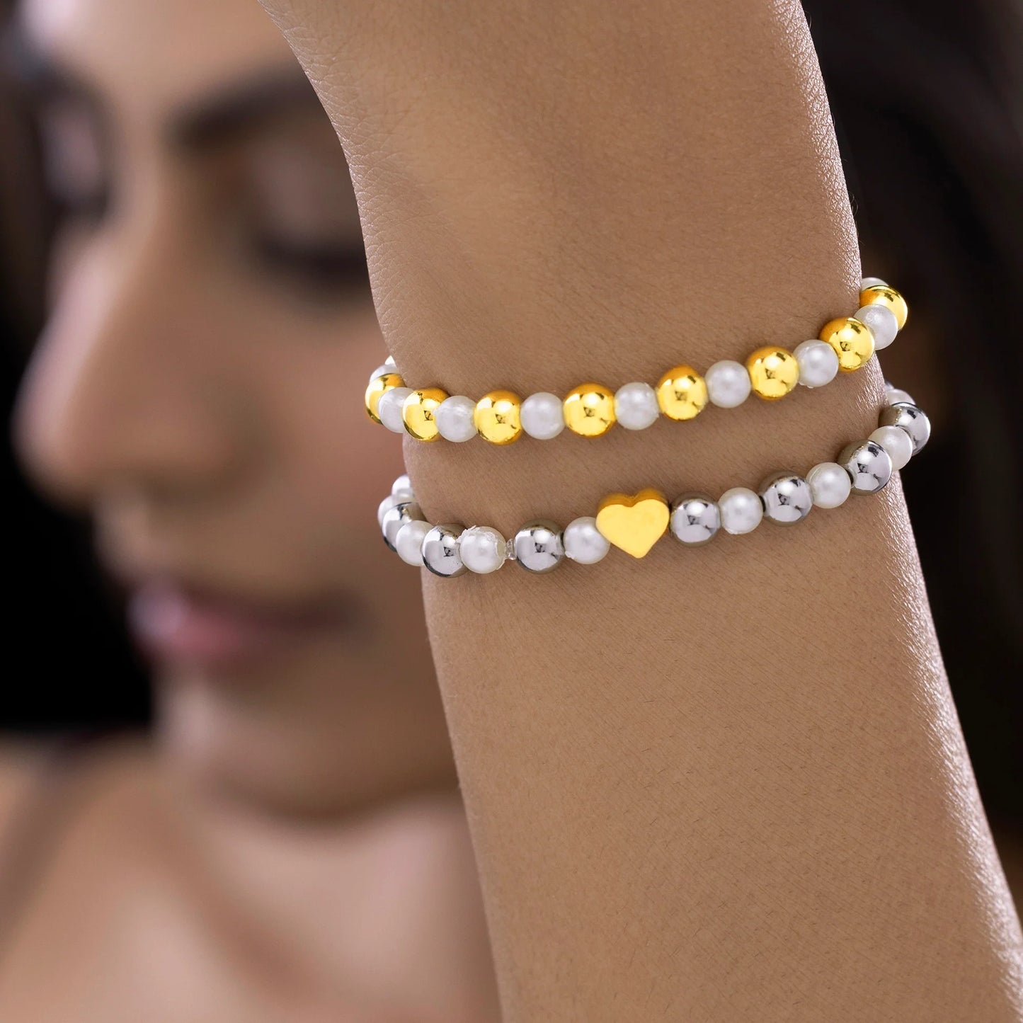 AUROZI Anti-Tarnish Duo of Stretchable Bracelets with Pearl & Heart Charm