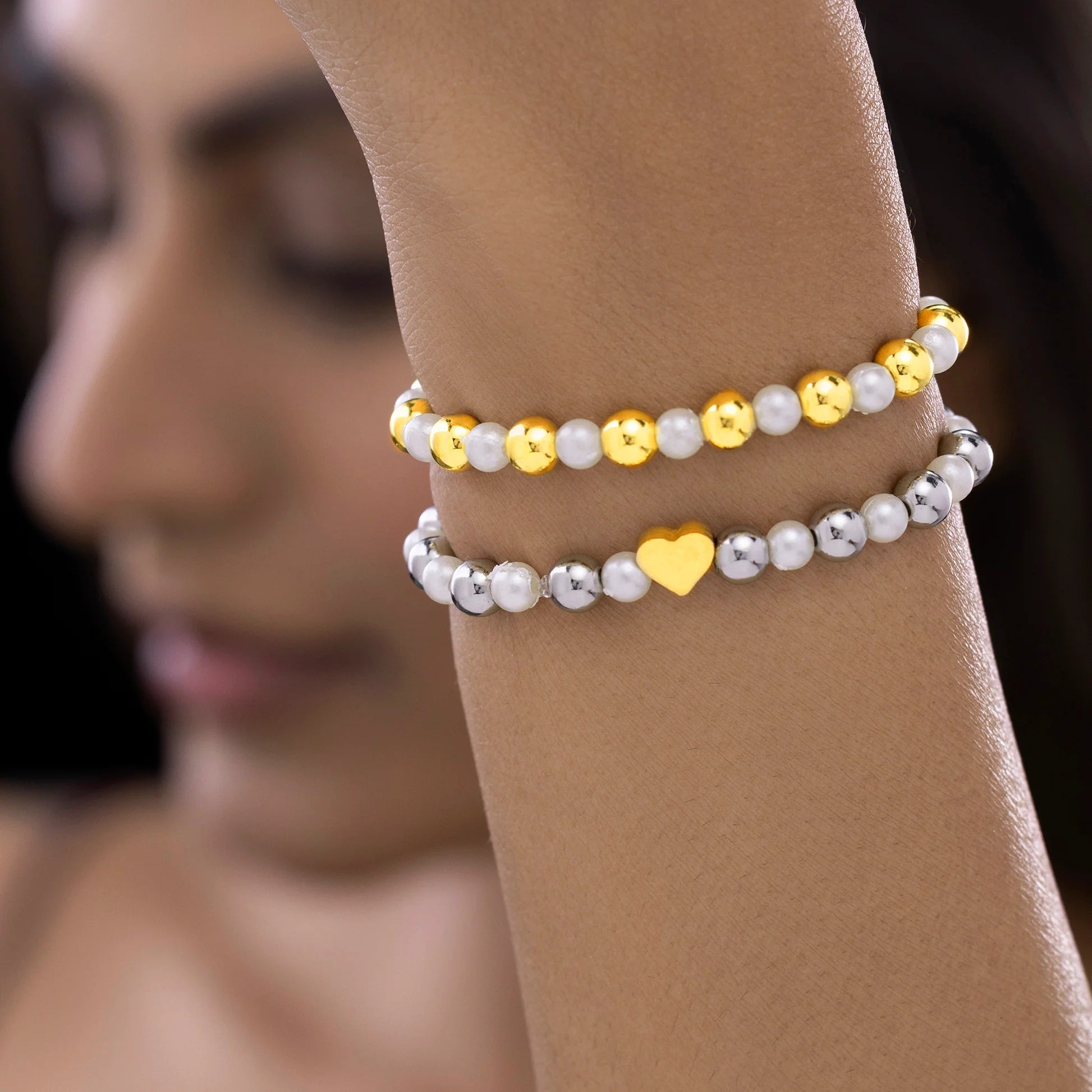AUROZI Anti-Tarnish Duo of Stretchable Bracelets with Pearl & Heart Charm