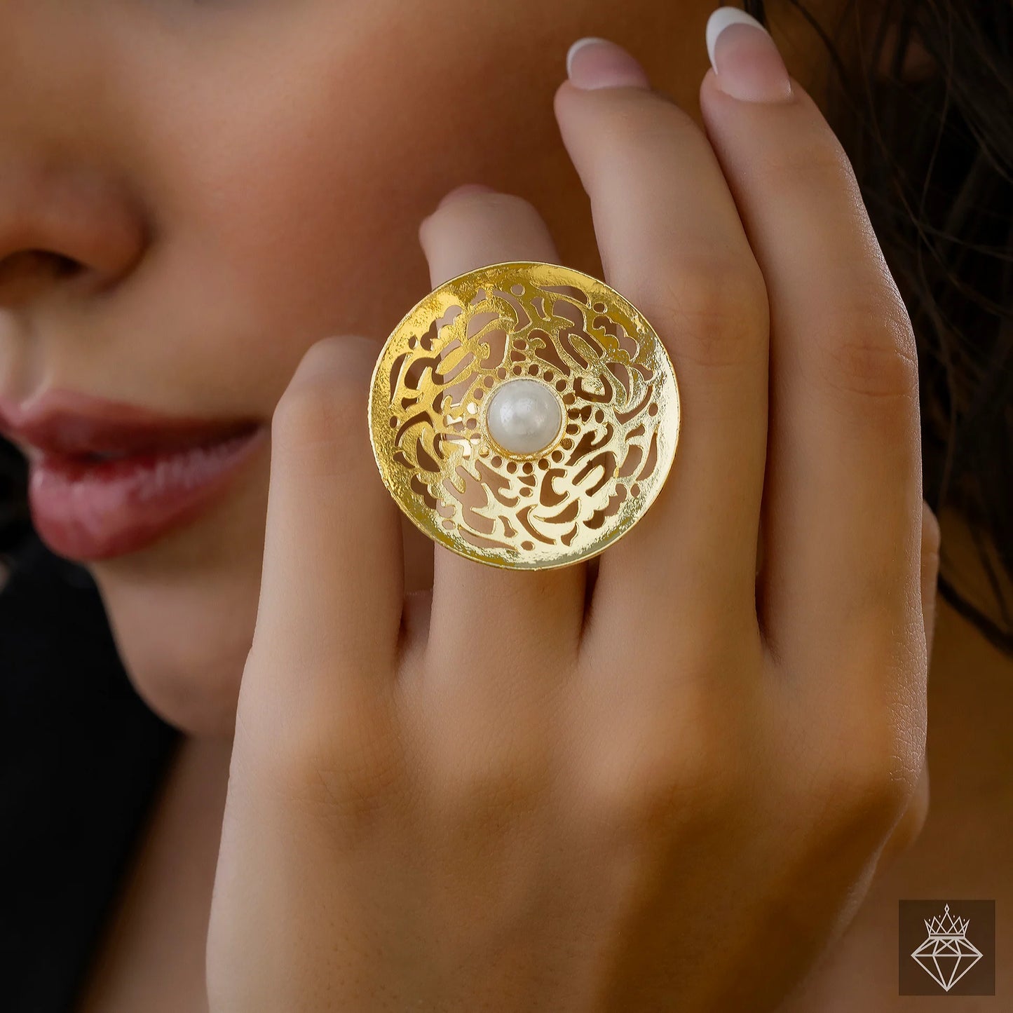 Aurozi Anti-Tarnish Golden Filigree Ring With Pearl (Adjustable Size)