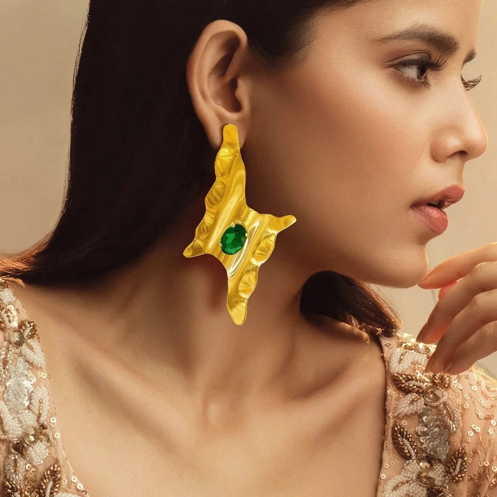AUROZI Anti-Tarnish Emerald Thunderbolt Earrings