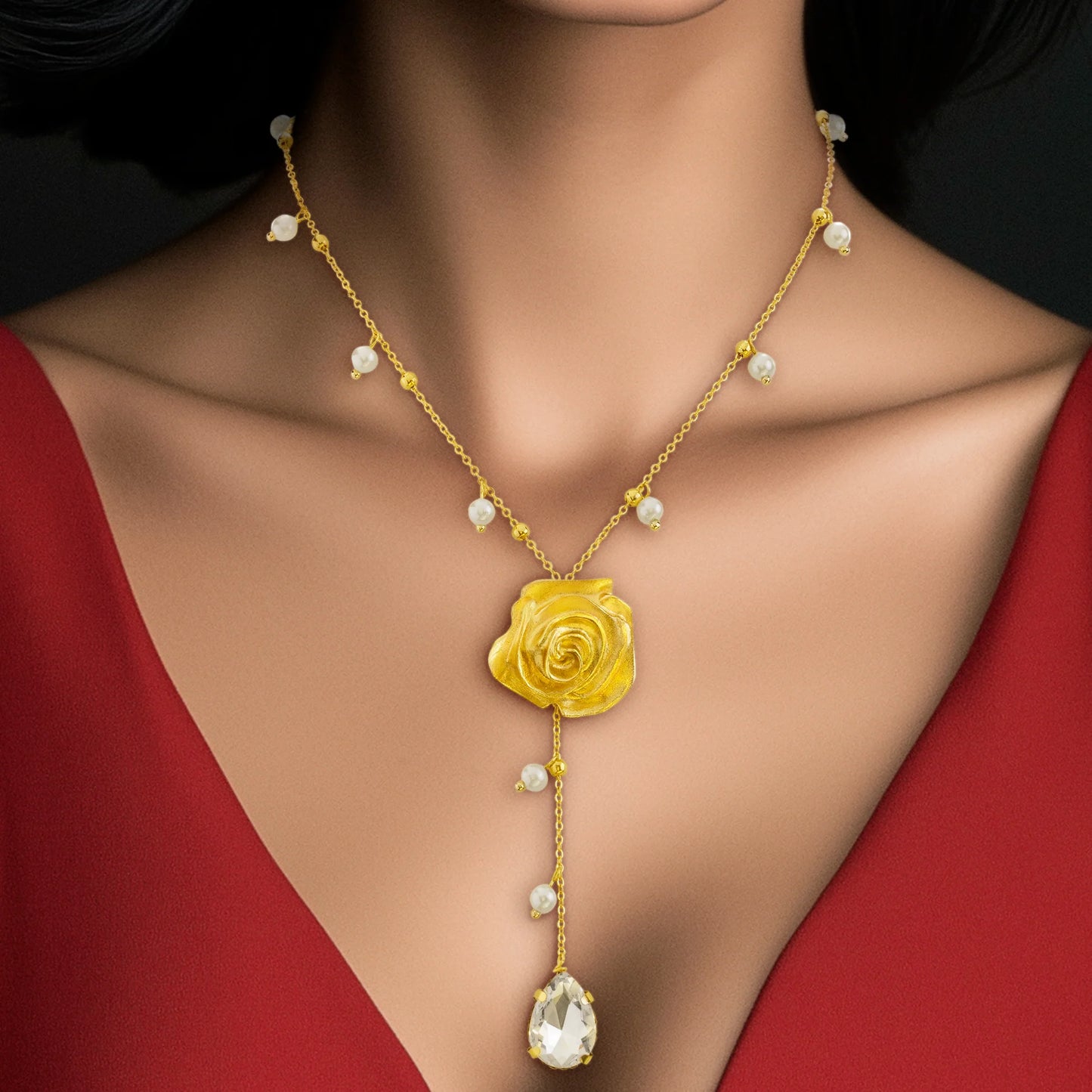 AUROZI Anti-Tarnish Golden Rose Crystal Necklace